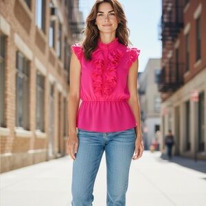 Romeo & Juliet Couture Small Pink Blouse Shirt Top Ruffle Button Front Mandarin